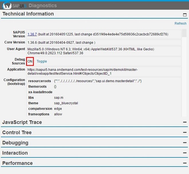 SAPUI5 Diagnostics Debug Sources